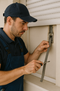 technicien qui répare une sangle de volet roulant